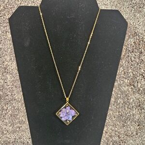 Gold Tone Square Pressed Flower Pendant Necklace Purple Delicate Botanical Resin